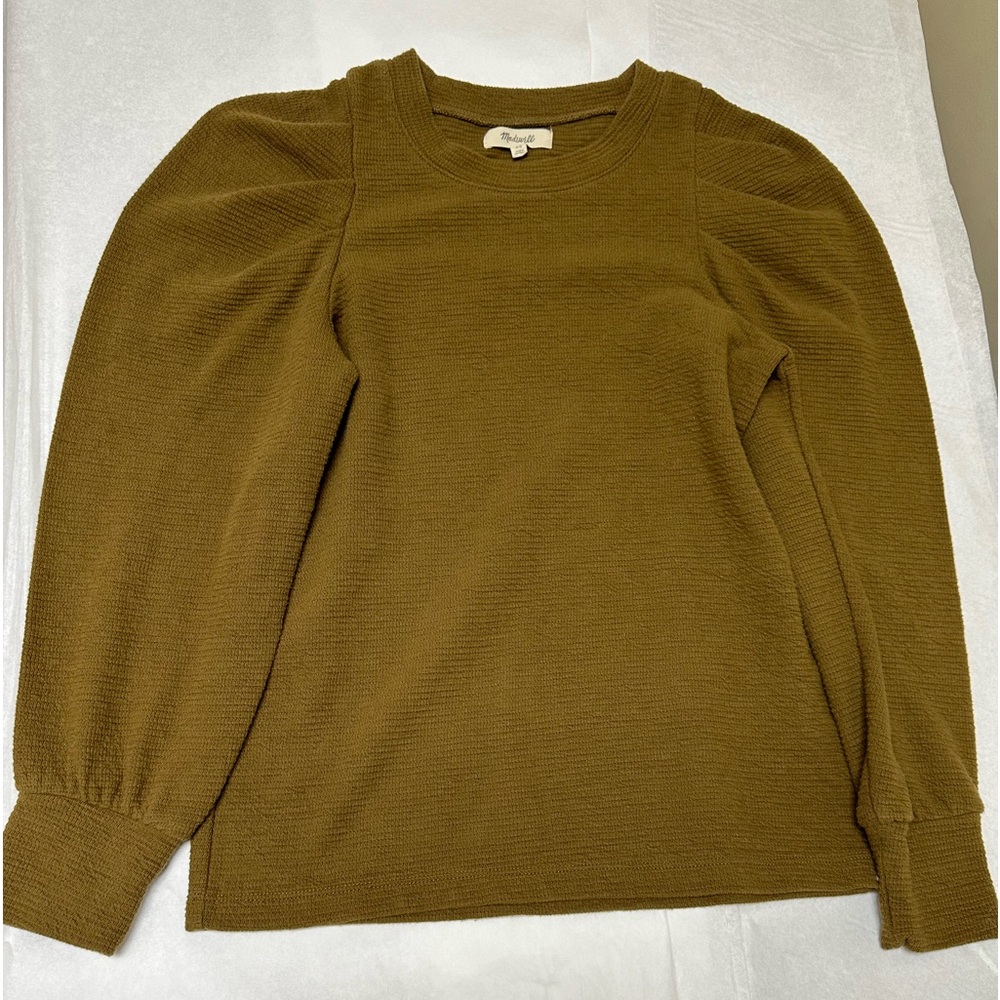 Madewell Olive Textured Puff Sleeve Pleated Statement Top 🌻 - Picture 3 of 6